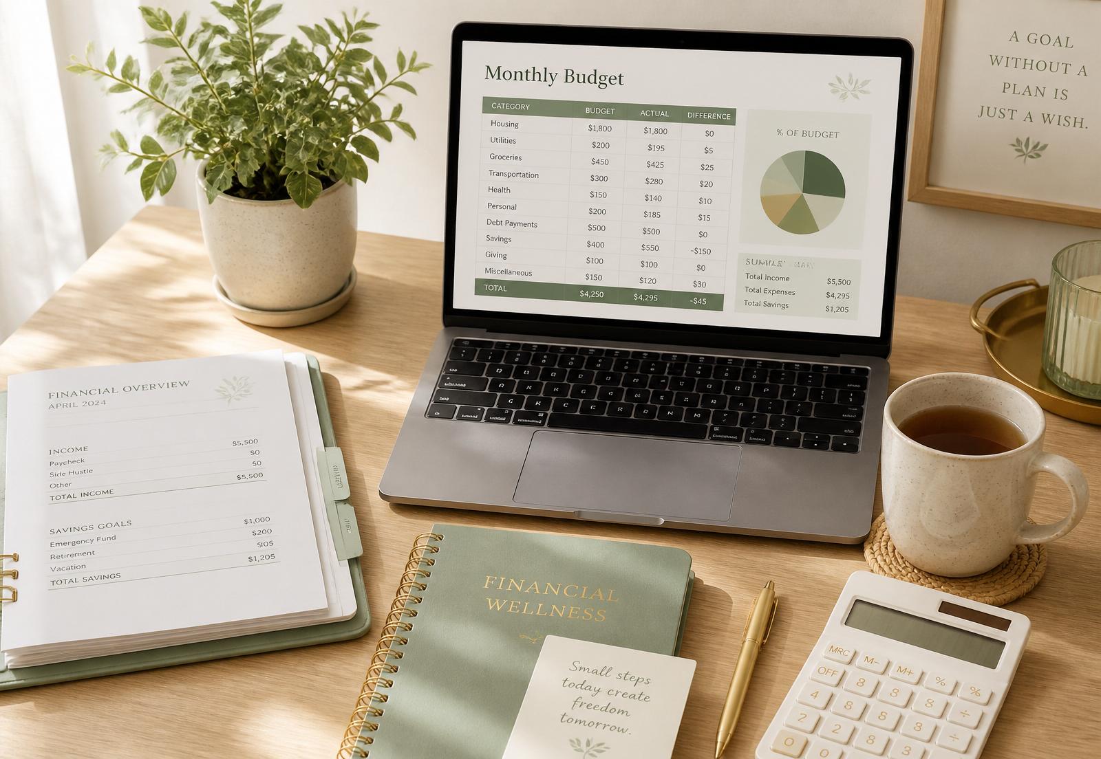 A warm sunlit desk with a laptop showing a monthly budget, financial planner, calculator, tea, and a Financial Wellness journal
