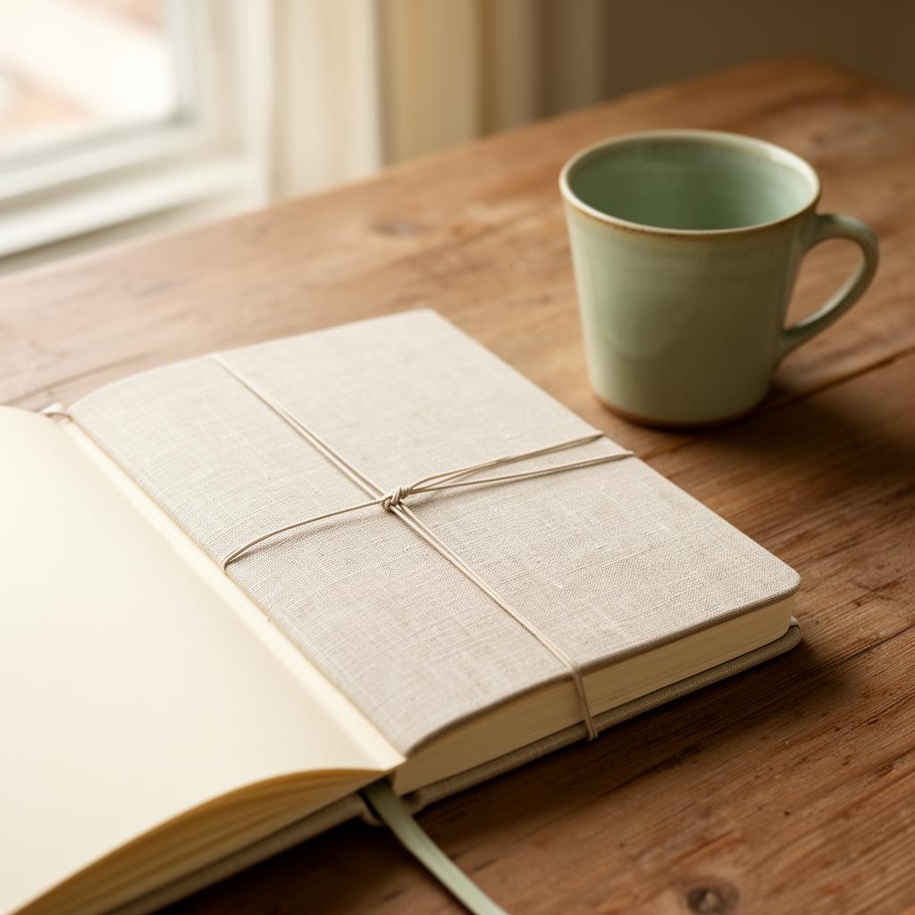 An open linen journal beside a ceramic cup